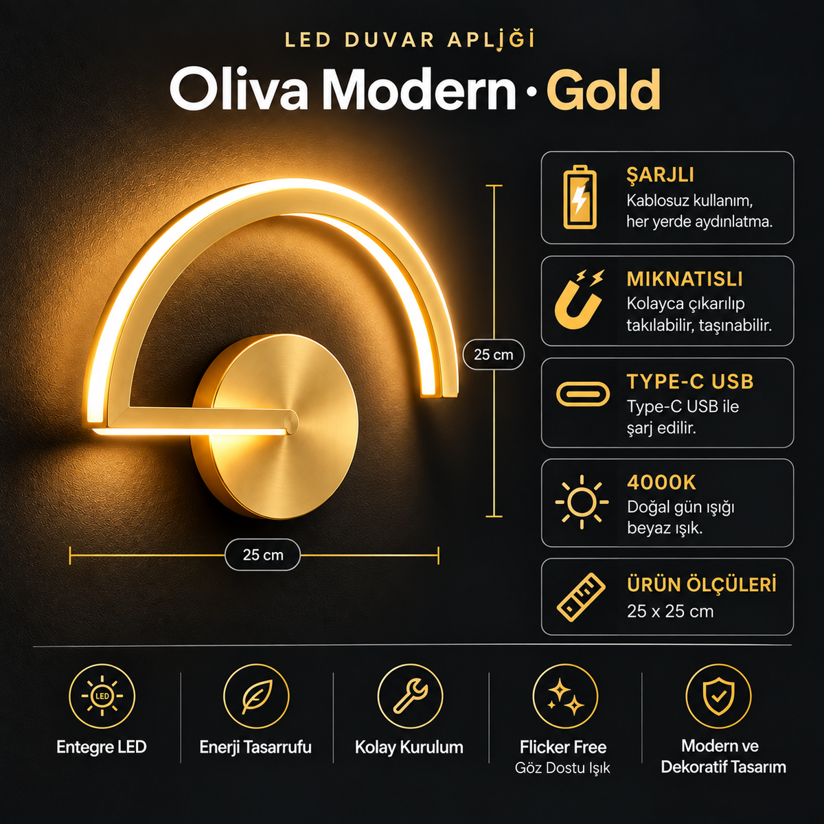 OLİVA Şarjlı Modern LED Duvar Apliği Günışığı Taşınabilir Usb