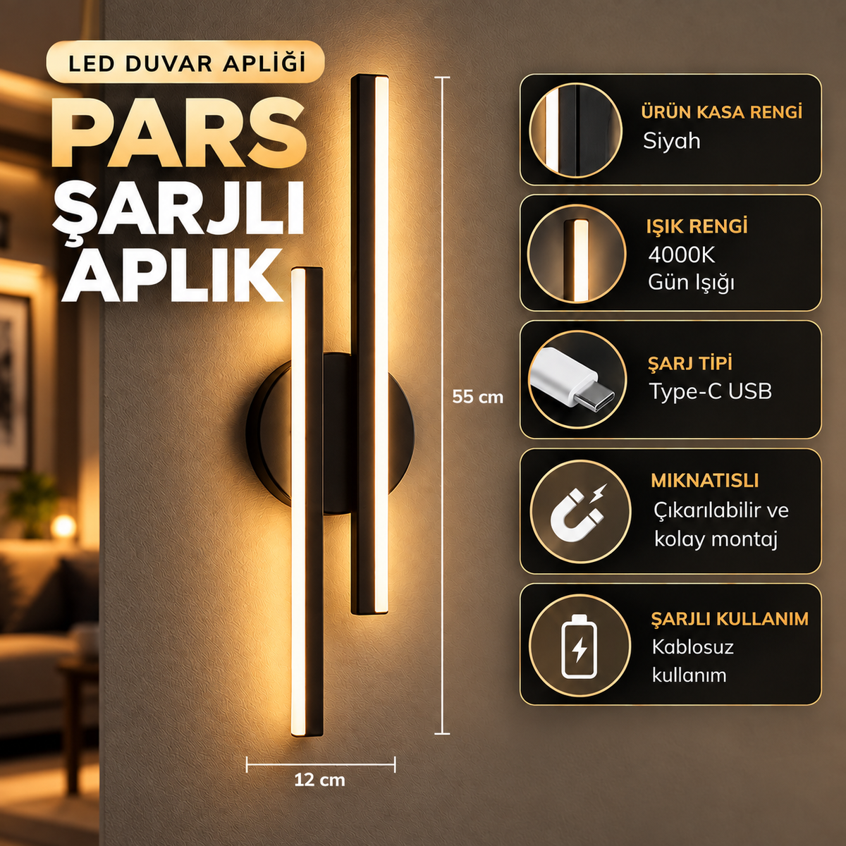 PARS Şarjlı Modern LED Duvar Apliği Günışığı Taşınabilir Usb