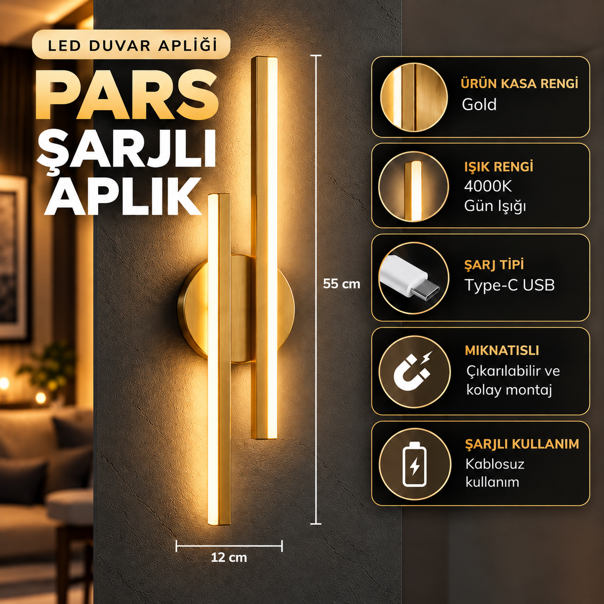 PARS Şarjlı Modern LED Duvar Apliği Günışığı Taşınabilir Usb