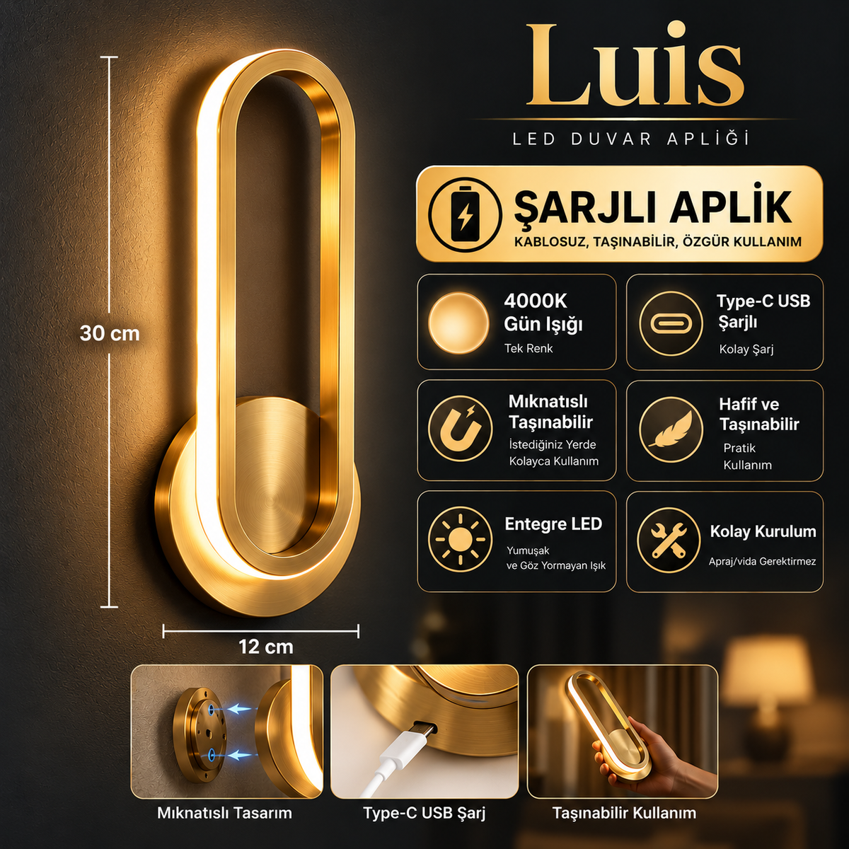 LUİS Şarjlı Modern LED Duvar Apliği Günışığı Taşınabilir Usb