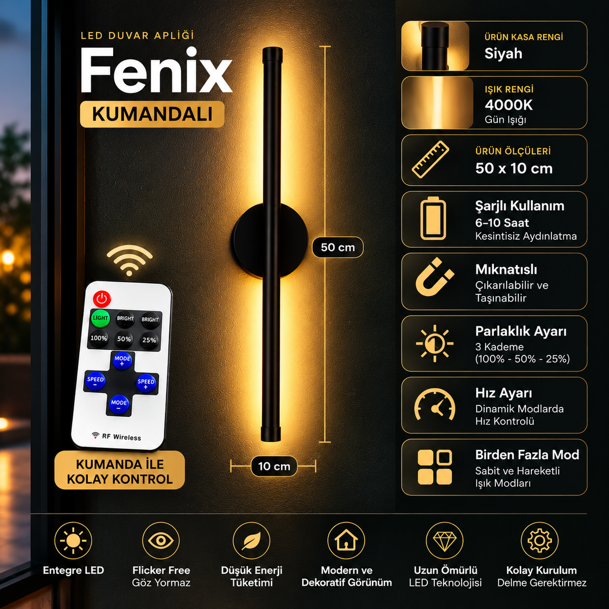 FENİX Şarjlı Modern LED Duvar Apliği Günışığı Taşınabilir Usb KUMANDALI
