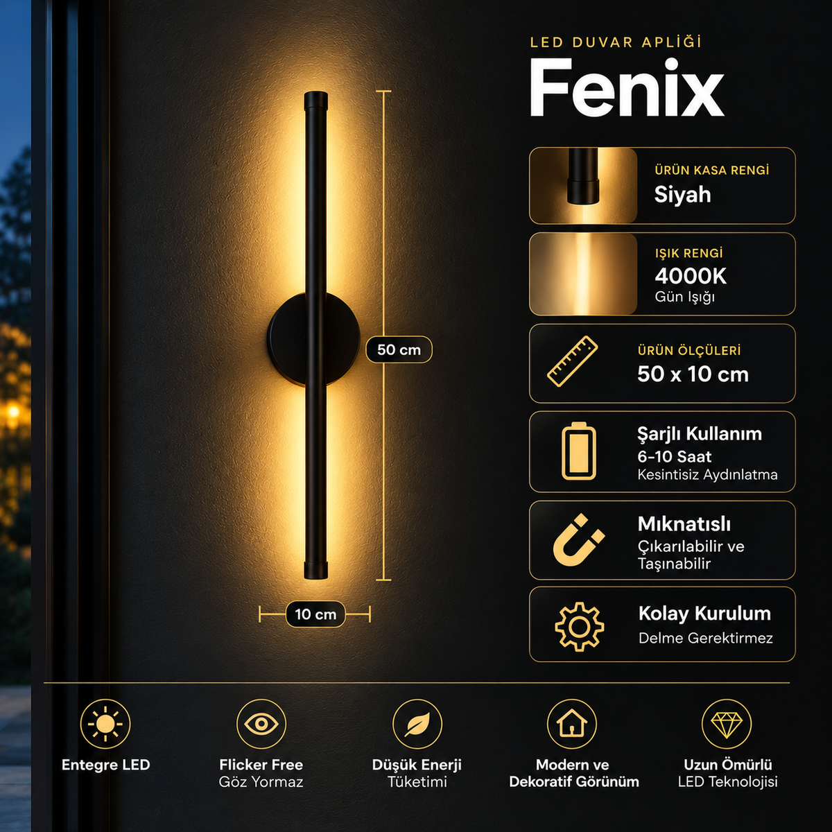 FENİX Şarjlı Modern LED Duvar Apliği Günışığı Taşınabilir Usb