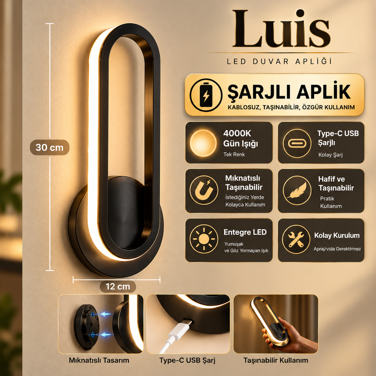 LUİS Şarjlı Modern LED Duvar Apliği Günışığı Taşınabilir Usb