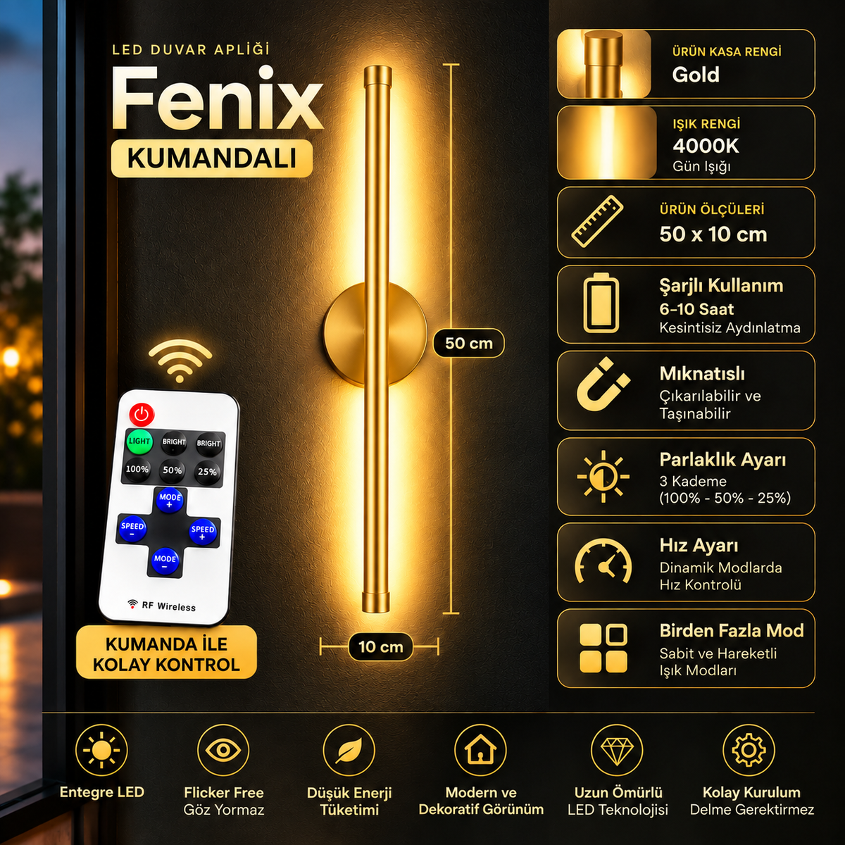 FENİX Şarjlı Modern LED Duvar Apliği Günışığı Taşınabilir Usb KUMANDALI