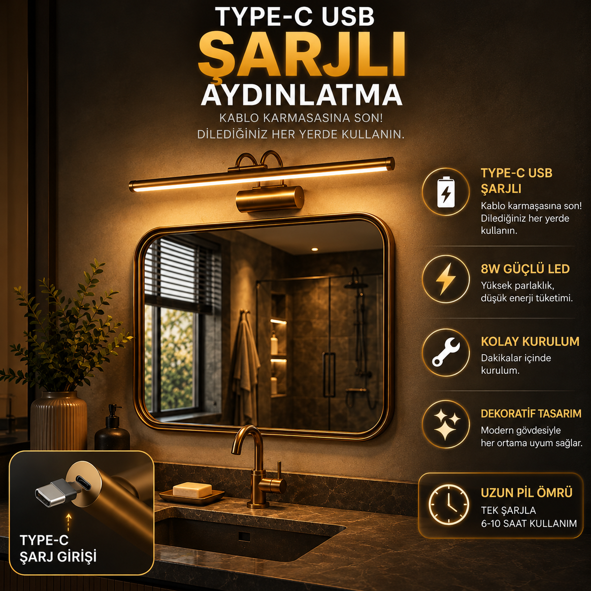Flüt Aplik / 35CM / Şarjlı LED Aplik / Type-C USB Kablosuz Duvar Lambası 8W Gün Işığı 3000K