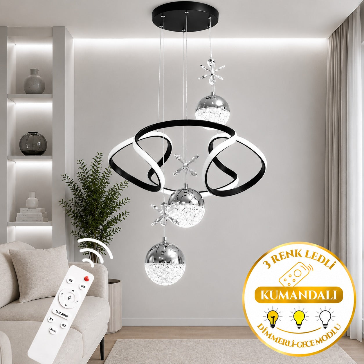 Elit Siyah Krom Dekoratif LED Avize Uzaktan Kumandalı Modern Sarkıt Avize