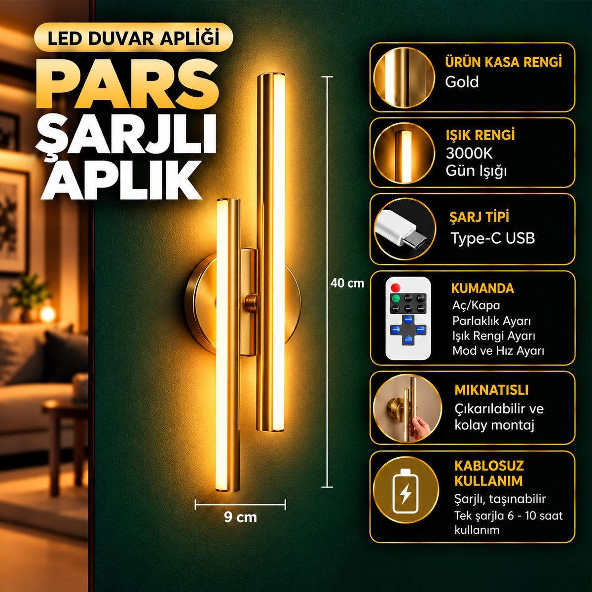 PARS Şarjlı Modern LED Duvar Apliği Taşınabilir Usb KUMANDALI