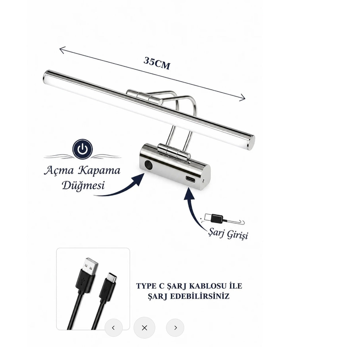 Flüt Aplik / 35CM / Şarjlı LED Aplik / Type-C USB Kablosuz Duvar Lambası 8W Gün Işığı 3000K