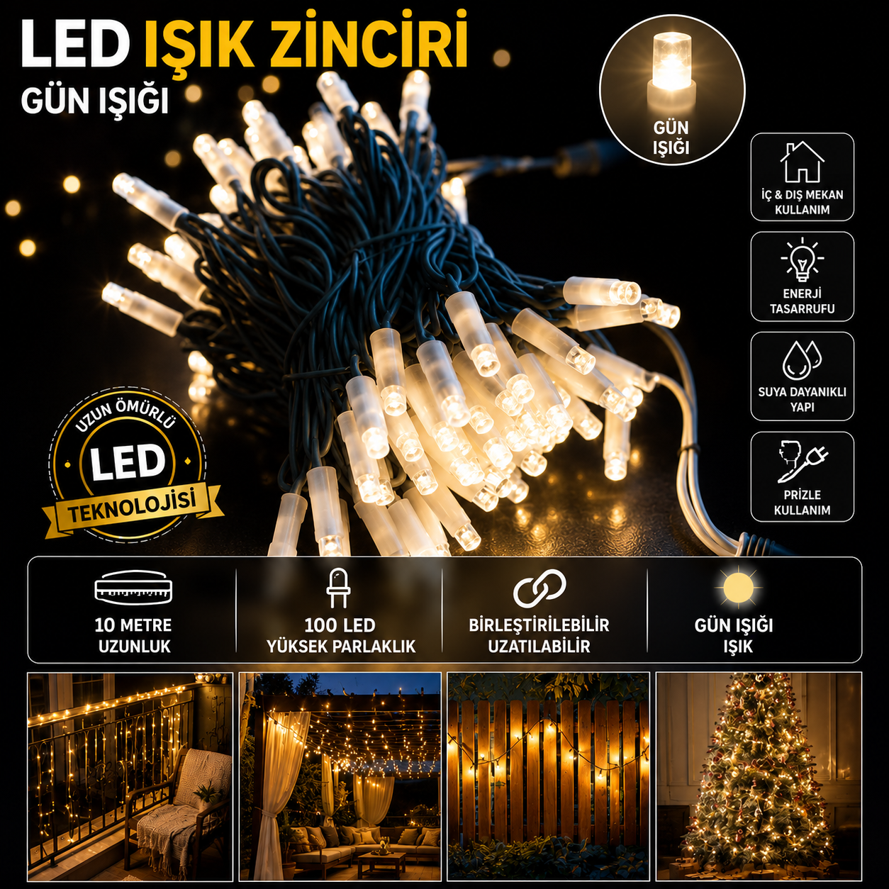 10 Metre Gün Işığı Beyaz DÖNÜŞÜMLÜ  Animasyonlu Flaşlı IP44 Eklenebilir LED İp Işık Dış Mekan Dekorasyon CT-8502