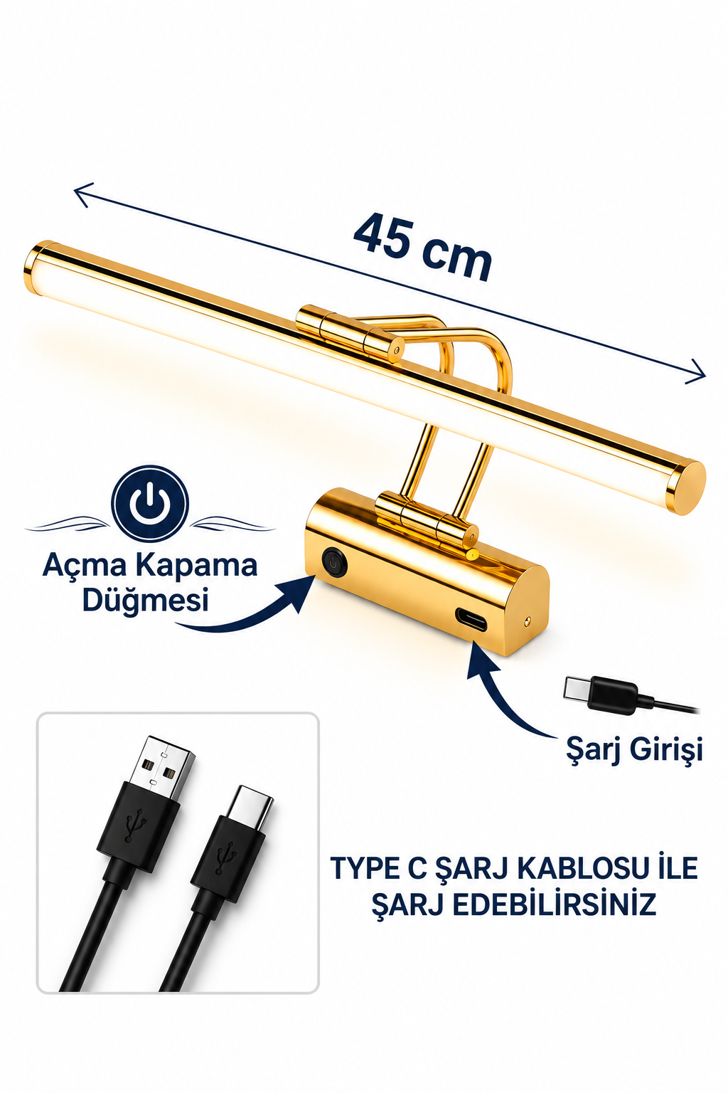 Flüt Aplik / 45CM / Şarjlı LED Aplik / Type-C USB Kablosuz Duvar Lambası 8W Gün Işığı 3000K