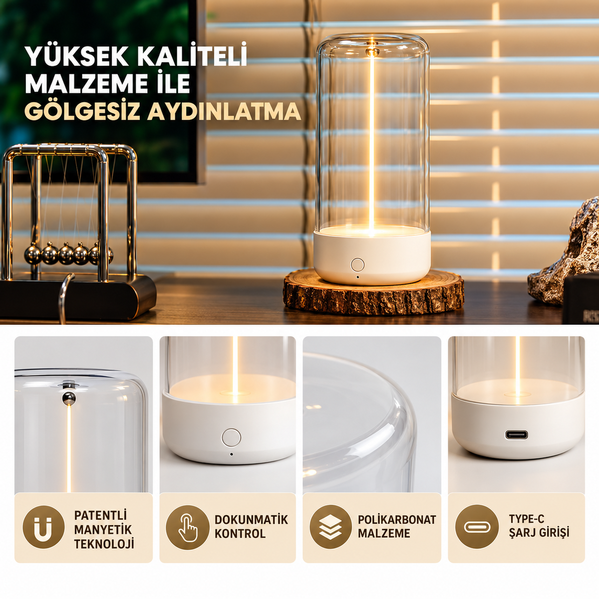 GLASS Şarjlı Cam Masa Lambası – Gölgesiz LED Aydınlatma, Dokunmatik, Manyetik, RENK SEÇENEKLİ
