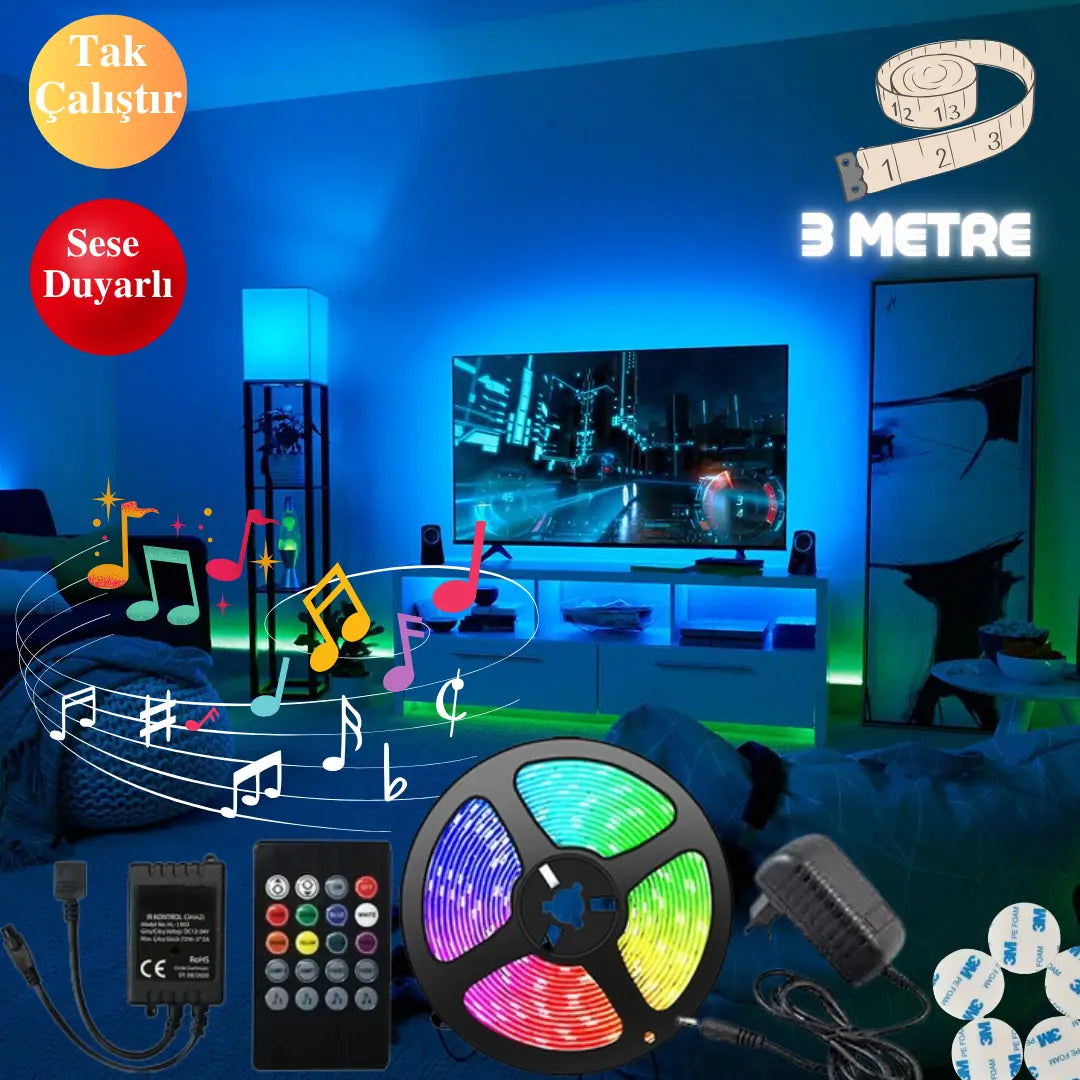 SESE DUYARLI RGB ŞERİT LED  KUMANDALI  ( ÖLÇÜ SEÇENEĞİ )