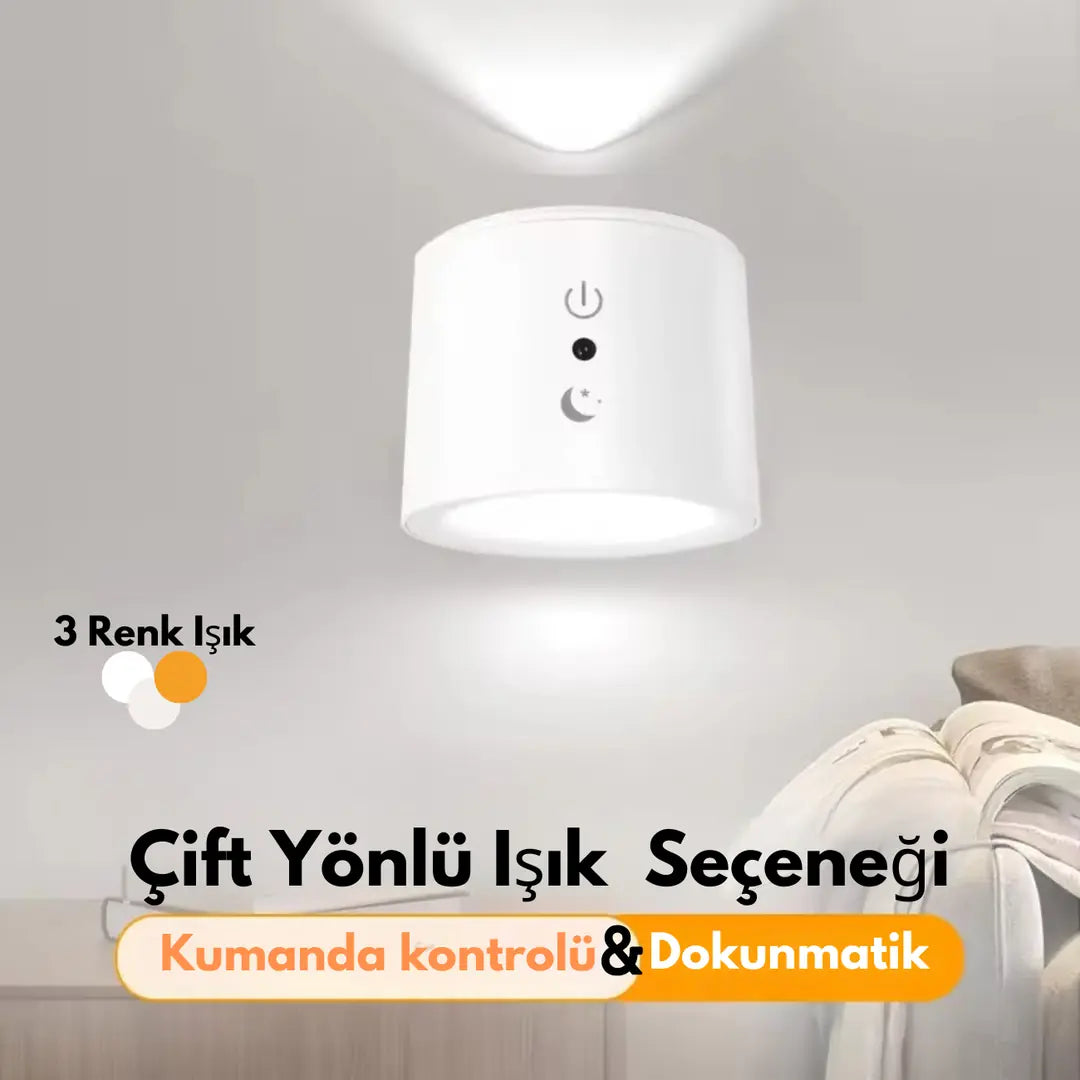 360 Derece Dönebilen Çift Işık Yönlü Şarjlı Aplik 3 Işık Rengi Kumandalı
