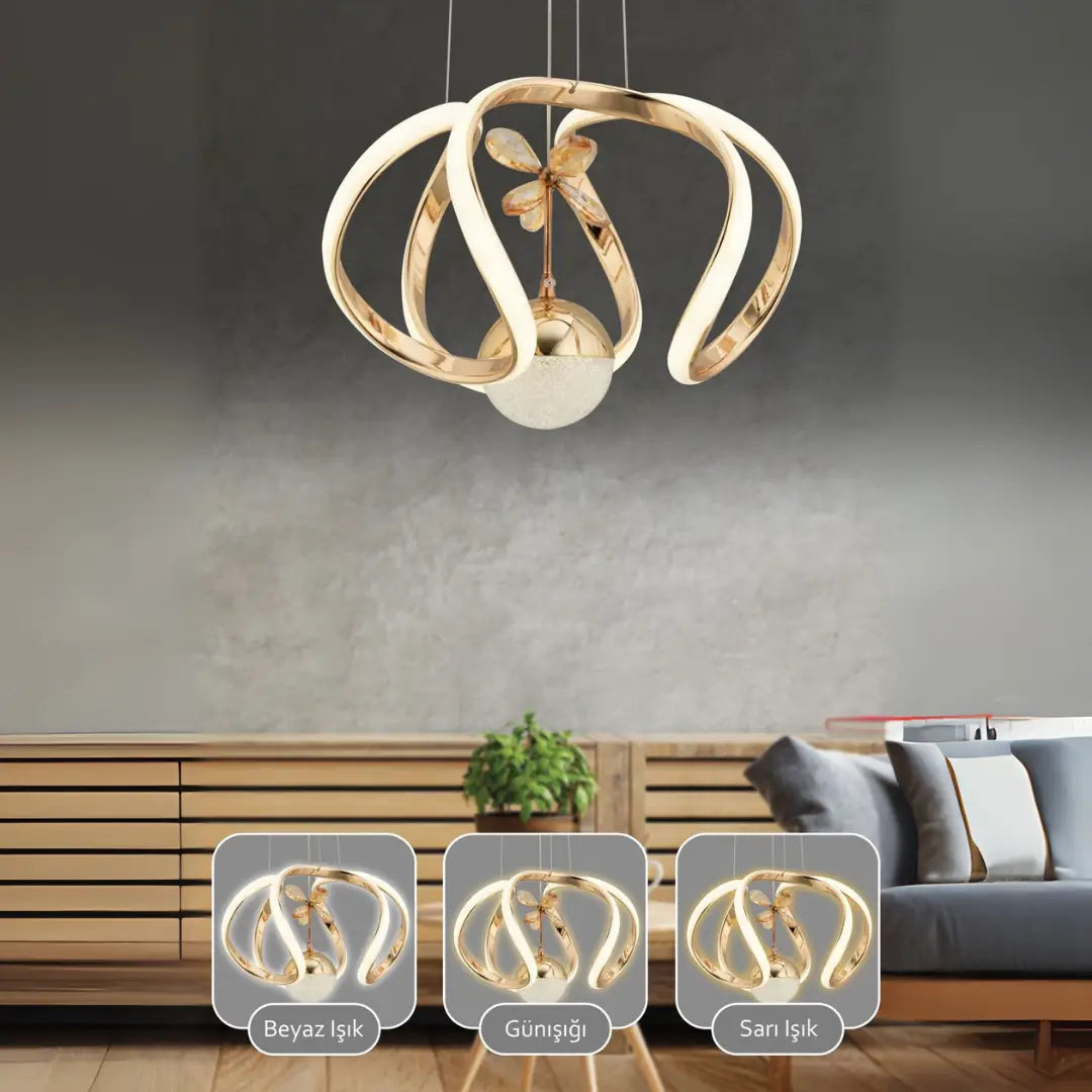 MİLOS Kumandalı 3 Renk Dimmerli LED Sarkıt Avize – Modern Gold Kaplama