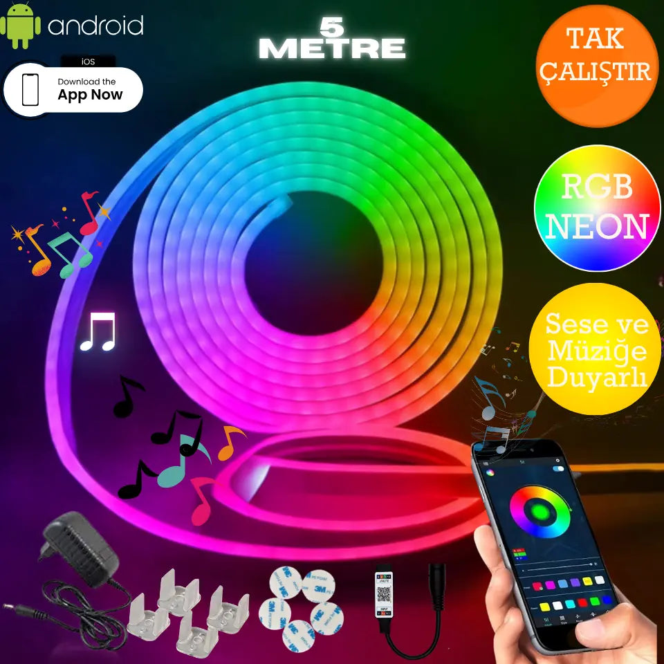 Zentra Neon Rgb Şerit Led - Mobil Kontrol - Full Renk - Tak Çalıştır S ...