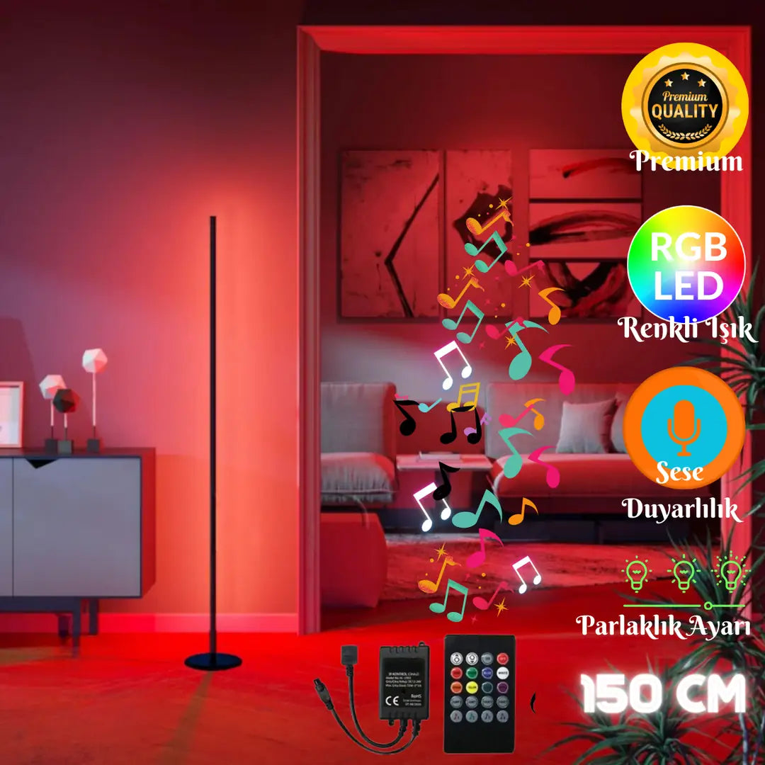 Sondra Sese ve Müziğe Duyarlı RGB LED Lambader – Kumandalı, 8 Renk, 4 Ritim Modu 150 Cm
