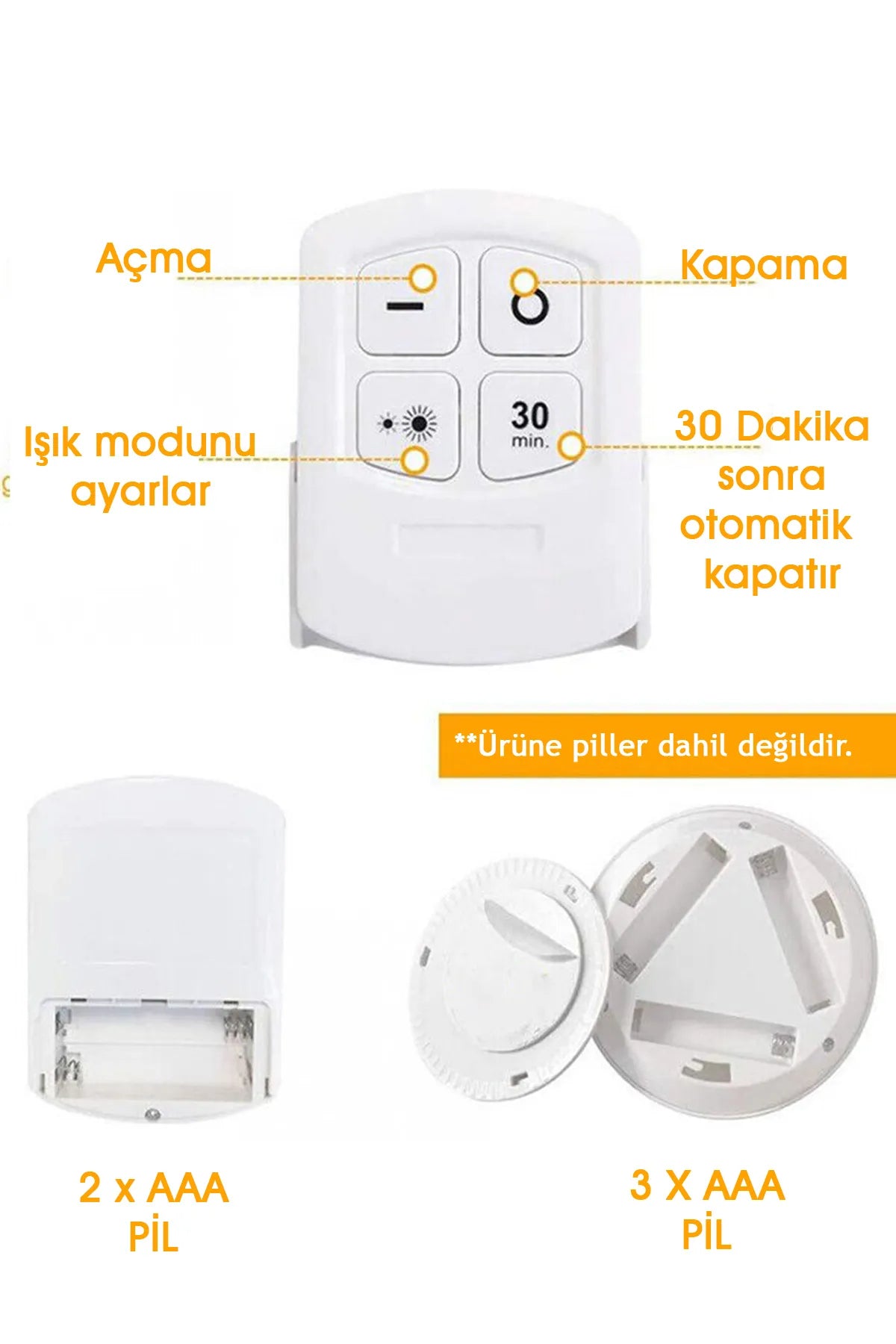 Uzaktan Kumandalı Yapışkanlı Kablosuz Pilli Led 3'lü Spot Lamba
