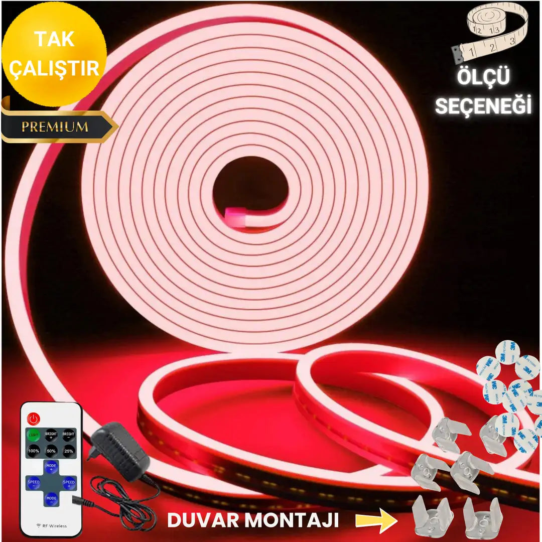 Rayza Neon Esnek Şerit Led Tak Çalıştır Kumandalı - Dimmer-Kırmızı (ÖLÇÜ SEÇENEĞİ)