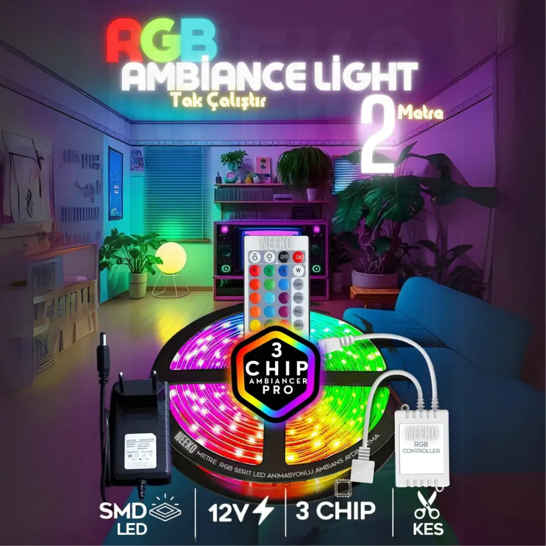 Rgb Led Tak Çalıştır 16 Renkli 4 Animasyonlu Tv Arkası Led Yatak Odası Led Bilgisayar Led 2 Metre