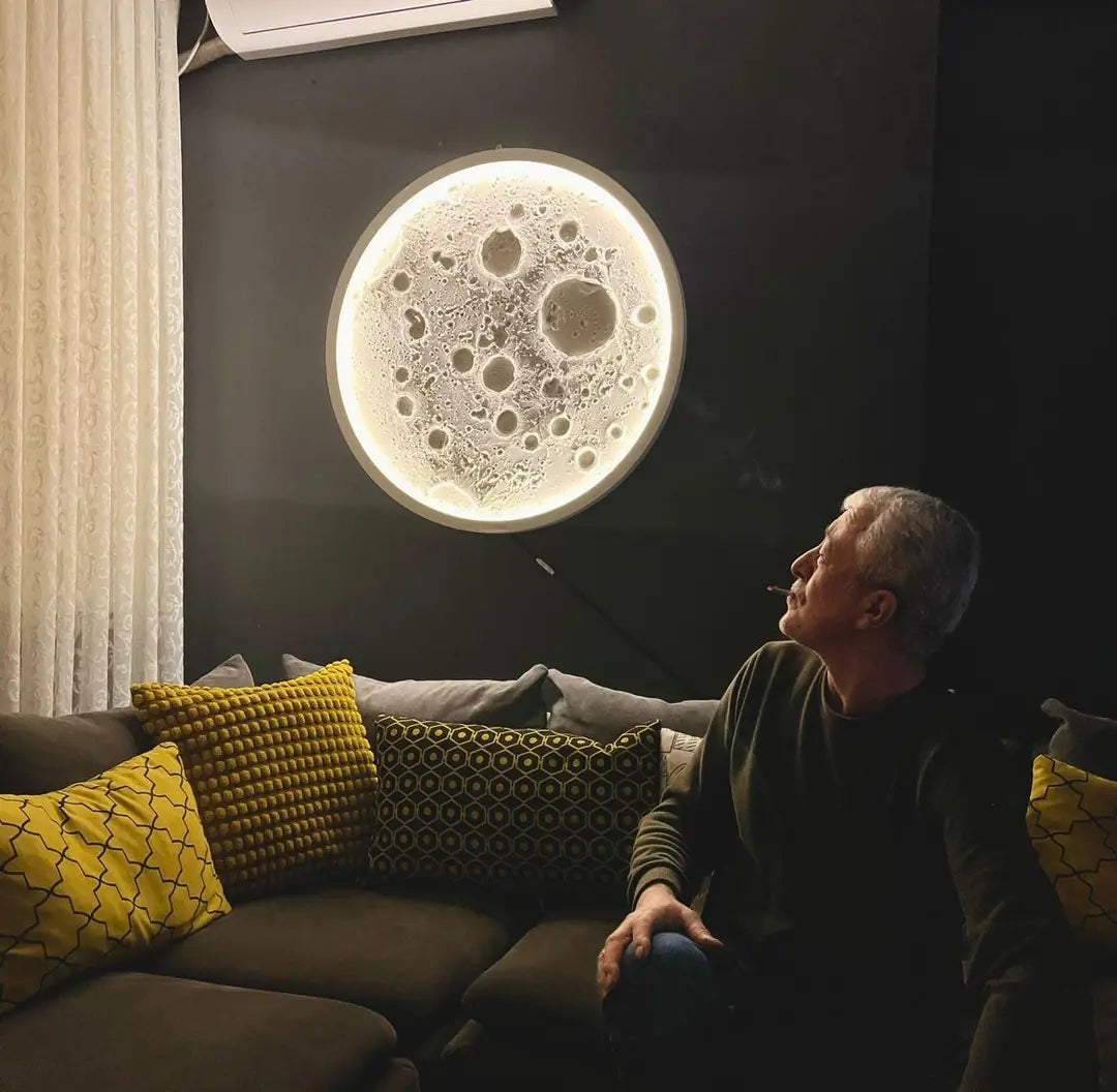 Özel El Yapımı Ledli Dolunay Tablo  Beyaz Çerçeve Beyaz Işık