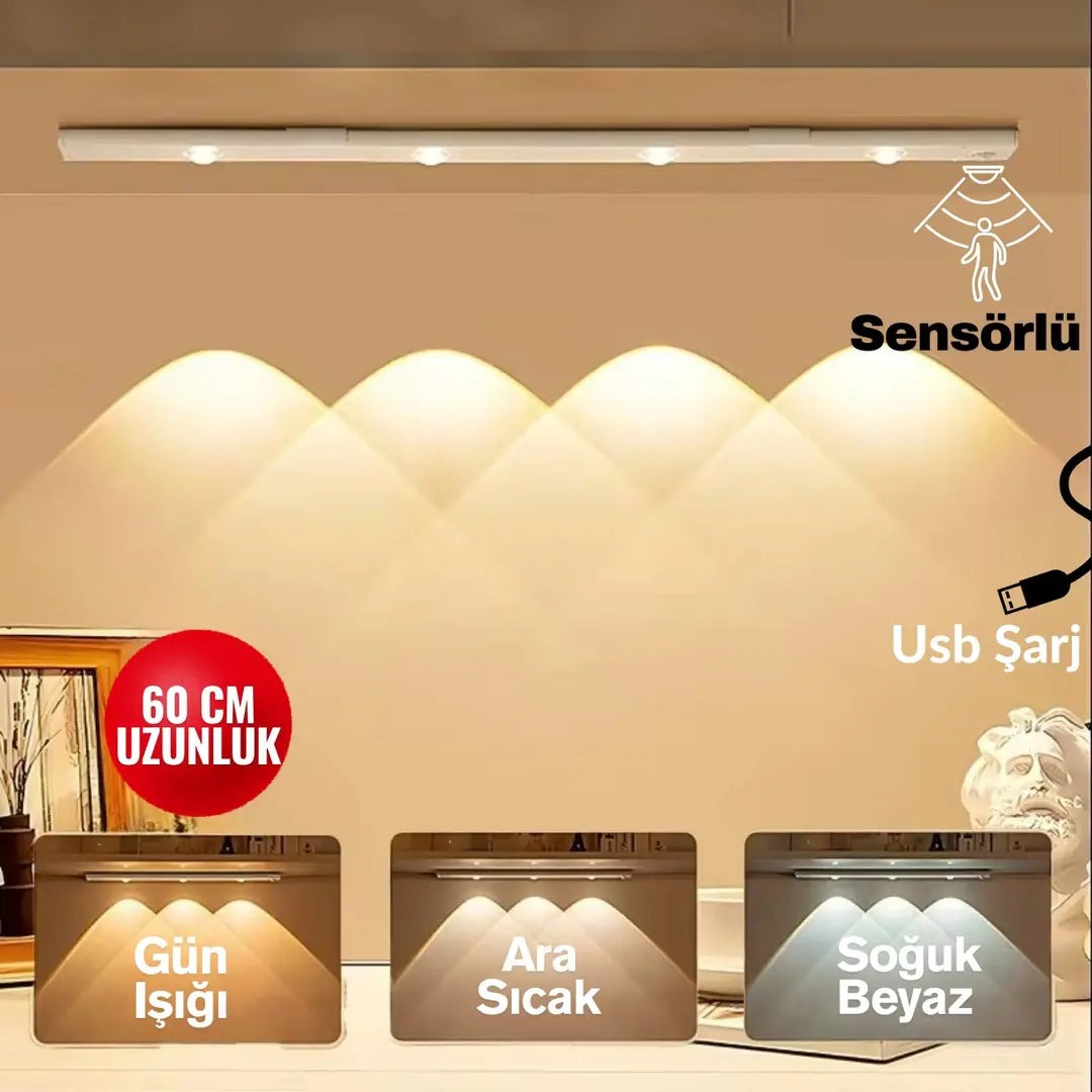 Hareket Sensörlü - Dekoratif Gece Lambası - Usb Şarjlı Led Aydınlatma 60 Cm Beyaz Kasa