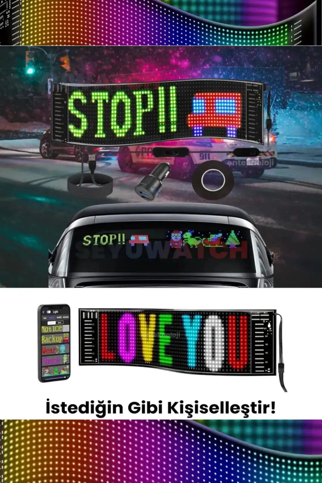 Kişiselliştirelebilir Led Ekran Telefon ve Kumanda Kontrollü Kayan Yazı ve Emoji En Büyük Boy