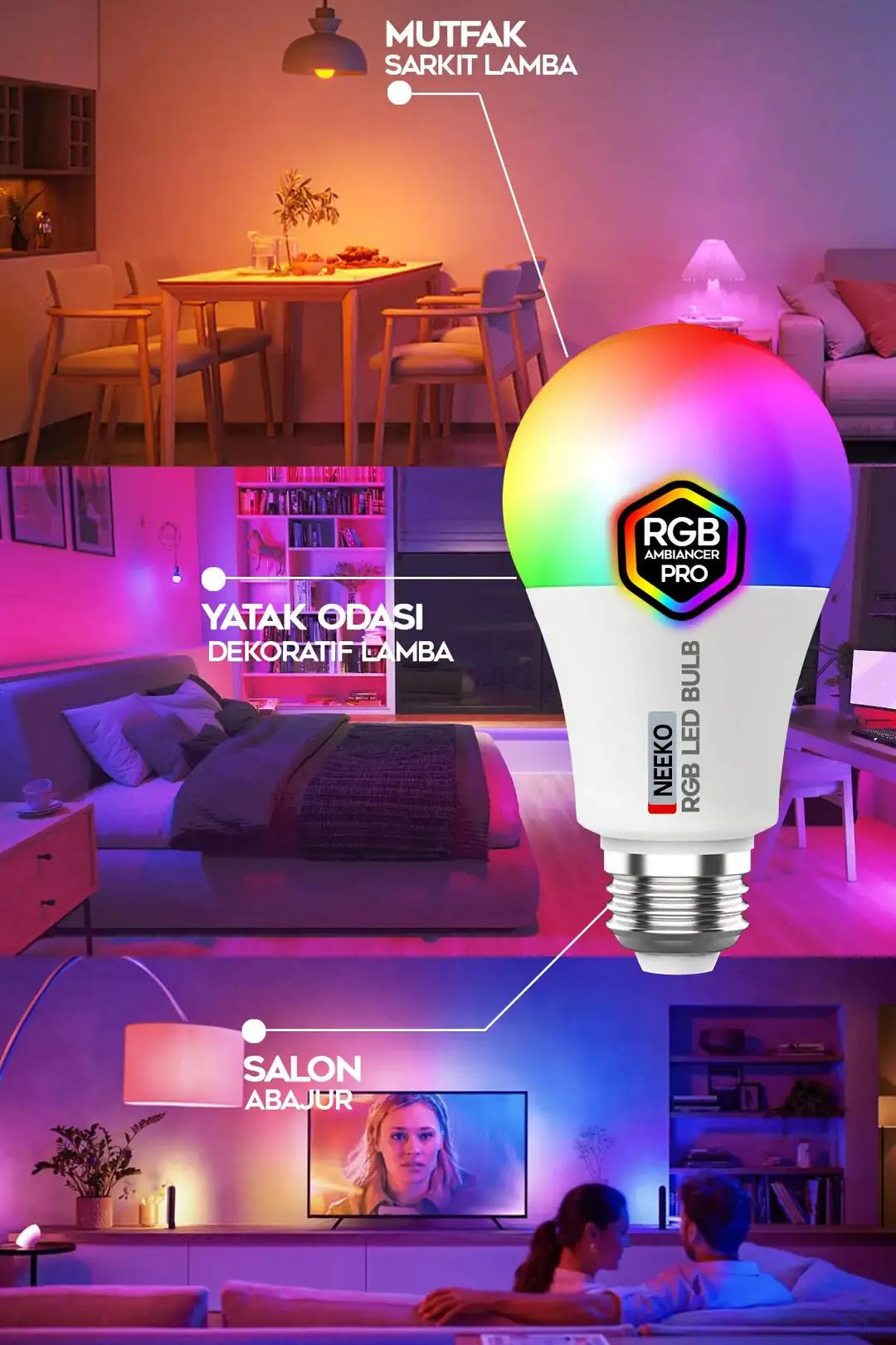 Rgb Led Lamba Kumandalı Ambiyans Aydınlatma  Tasarruflu Renk Değiştiren Led Işık