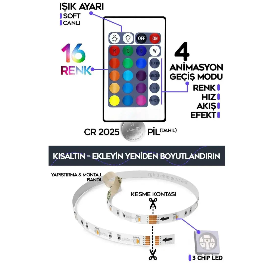 5mt Şerit Animasyonlu Tak Çalıştır Kumandalı Trafolu Rgb Şerit Işık Aydınlatma Parti Led