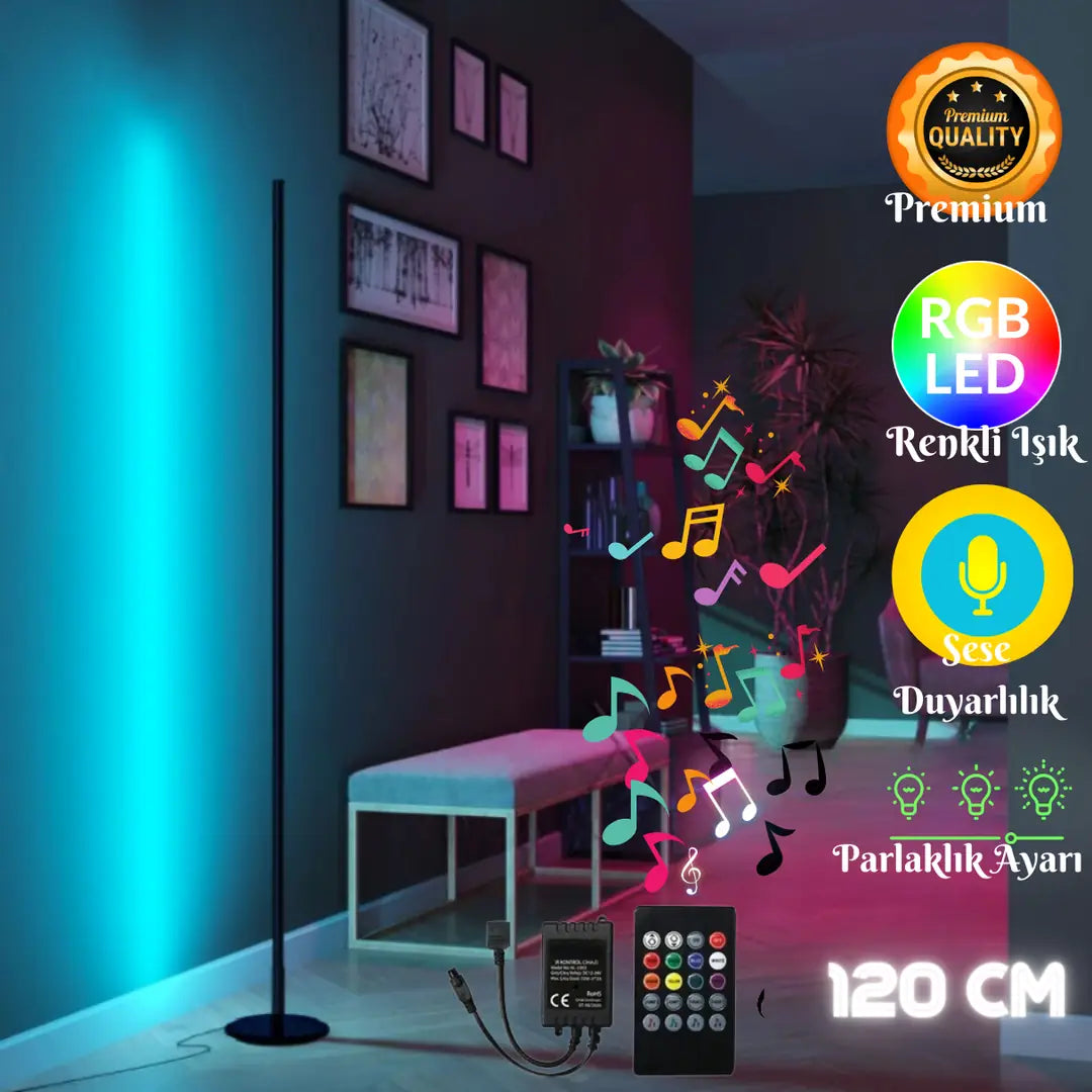Sondra Sese ve Müziğe Duyarlı RGB LED Lambader – Kumandalı, 8 Renk, 4 Ritim Modu 120 Cm