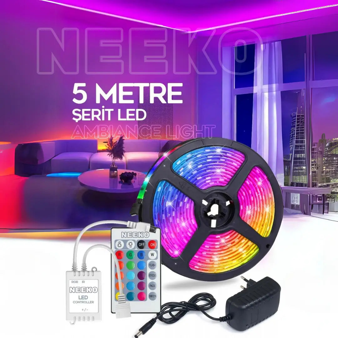 5mt Şerit Animasyonlu Tak Çalıştır Kumandalı Trafolu Rgb Şerit Işık Aydınlatma Parti Led