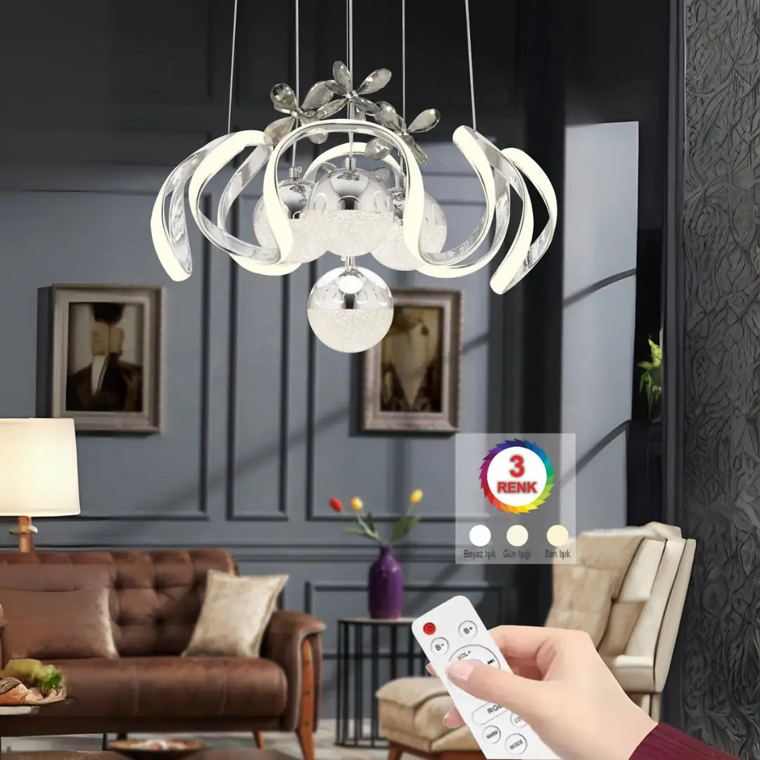 NOVA 3 Renk Kumandalı LED Sarkıt Avize – Modern Krom Kaplama, Dimmer & Ayarlanabilir Kablo