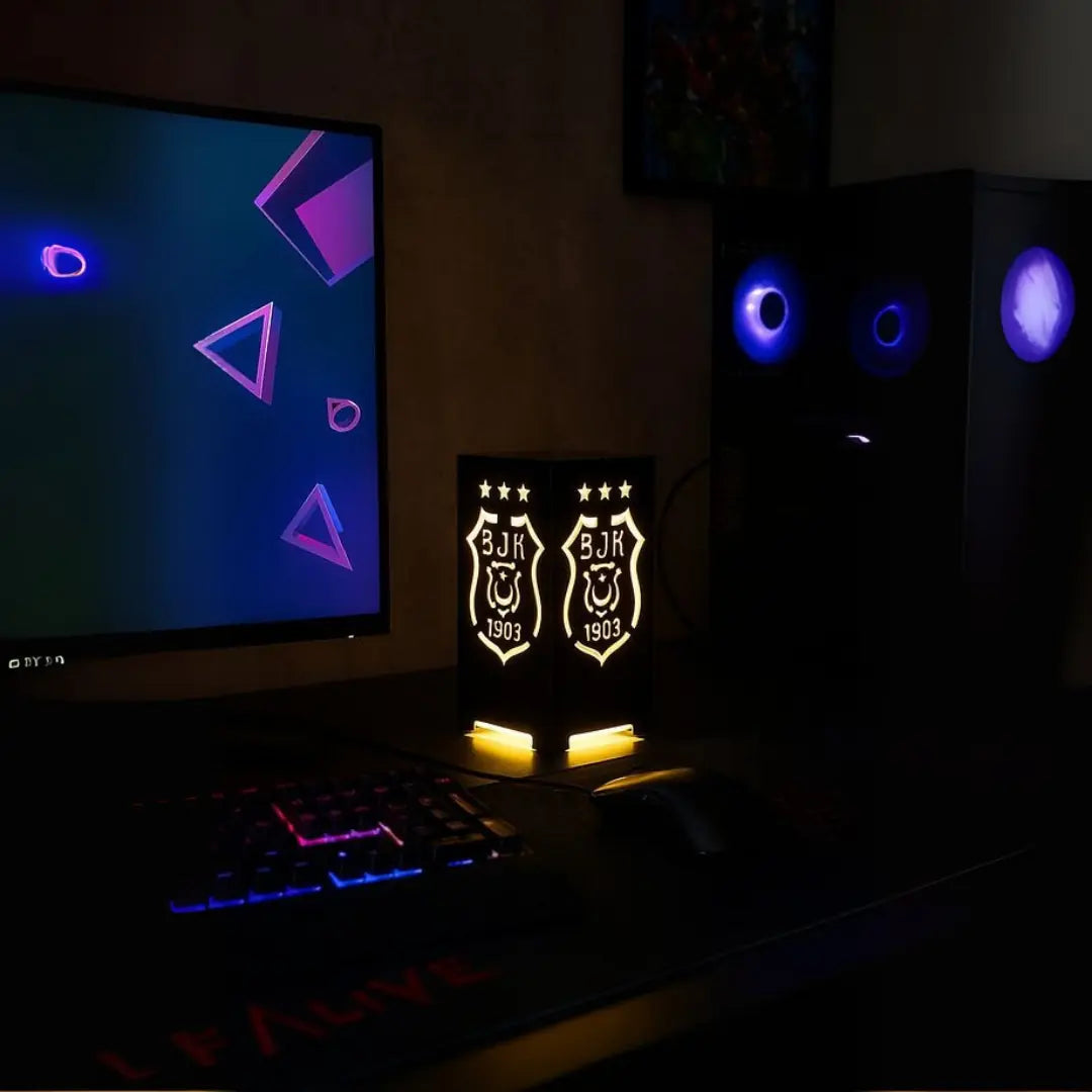 Siyah Beyaz LED Işıklı BJK Masa Lambası  Dekoratif Gece Lambası Beşiktaş