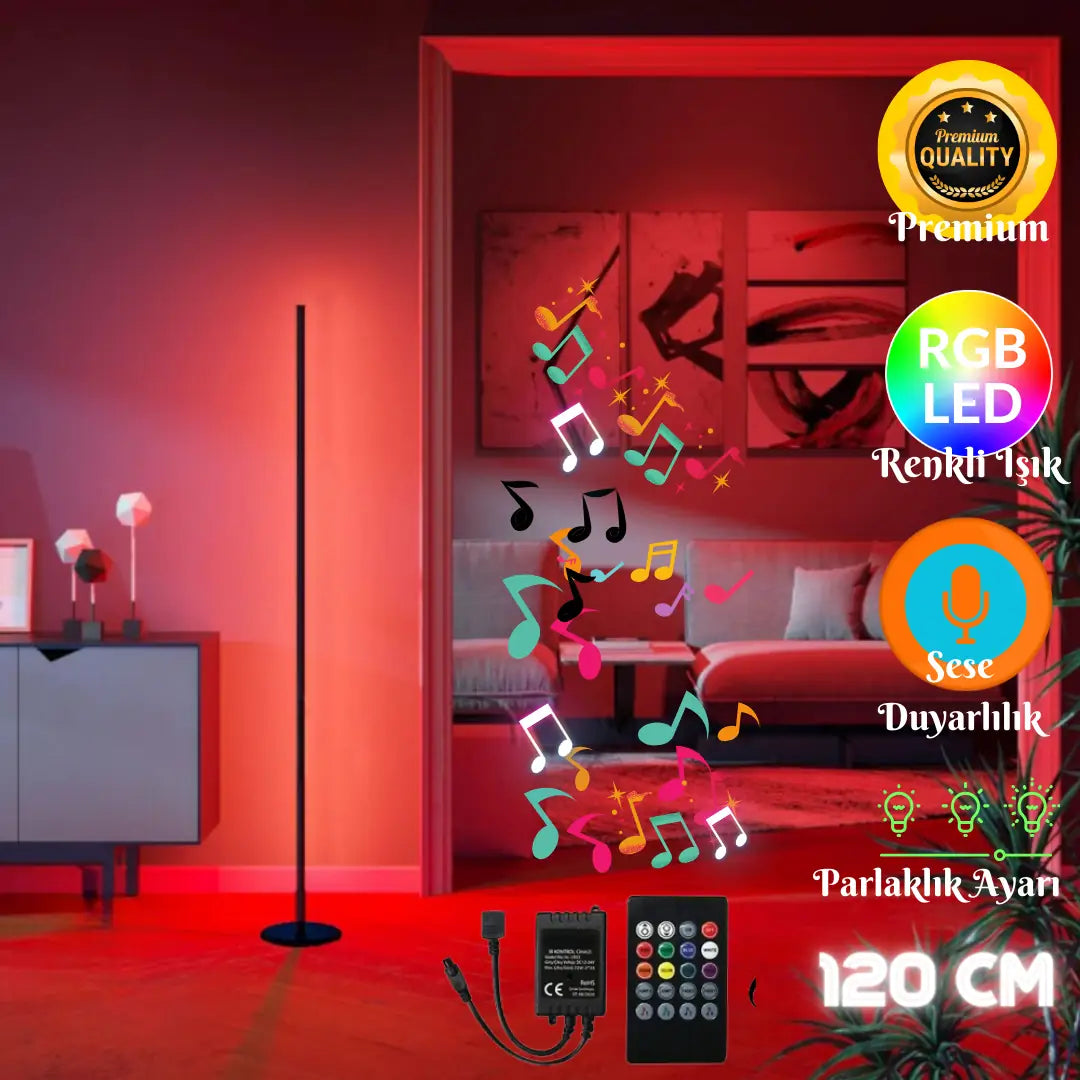 Sondra Sese ve Müziğe Duyarlı RGB LED Lambader – Kumandalı, 8 Renk, 4 Ritim Modu 120 Cm