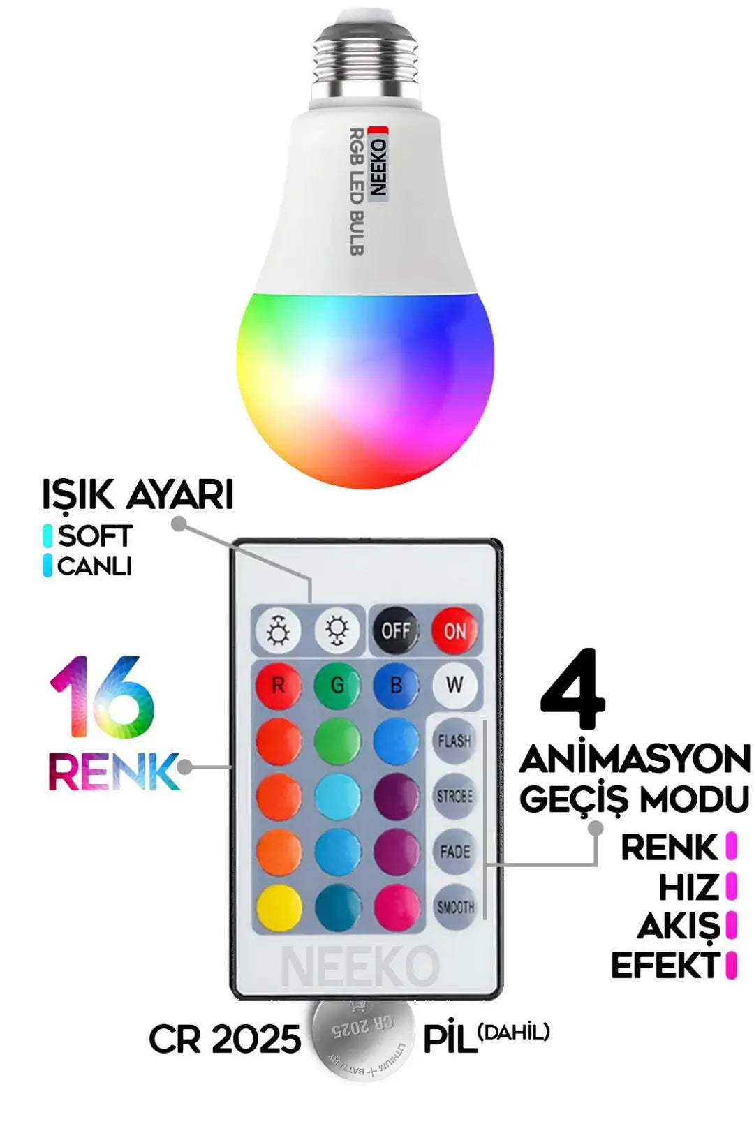 Rgb Led Lamba Kumandalı Ambiyans Aydınlatma  Tasarruflu Renk Değiştiren Led Işık