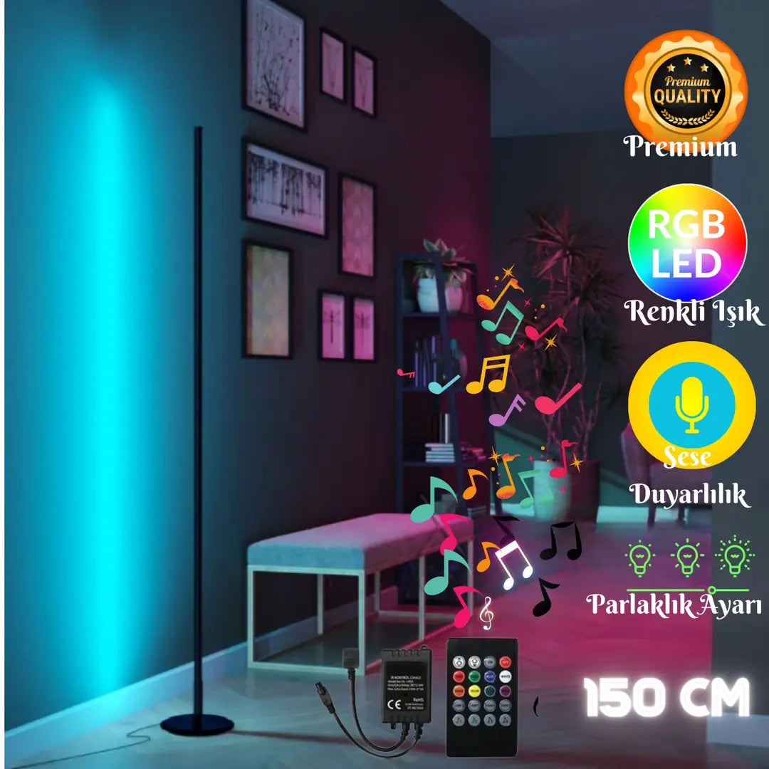 Sondra Sese ve Müziğe Duyarlı RGB LED Lambader – Kumandalı, 8 Renk, 4 Ritim Modu 150 Cm