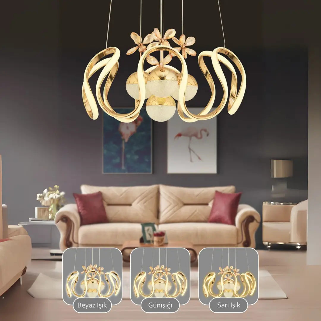 NOVA 3 Renk Kumandalı LED Sarkıt Avize – Modern Gold Kaplama, Dimmer & Ayarlanabilir Kablo