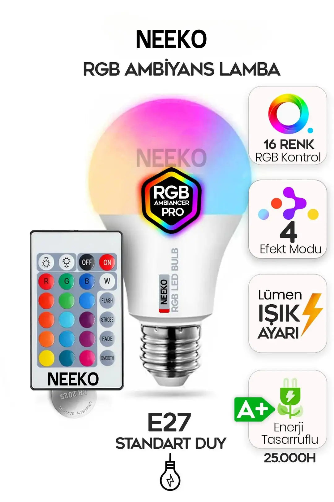 Rgb Led Lamba Kumandalı Ambiyans Aydınlatma  Tasarruflu Renk Değiştiren Led Işık