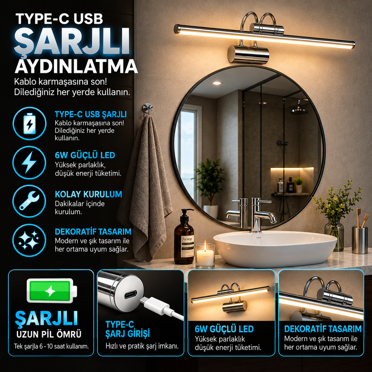 Flüt Aplik / 35CM / Şarjlı LED Aplik / Type-C USB Kablosuz Duvar Lambası 8W Gün Işığı 3000K