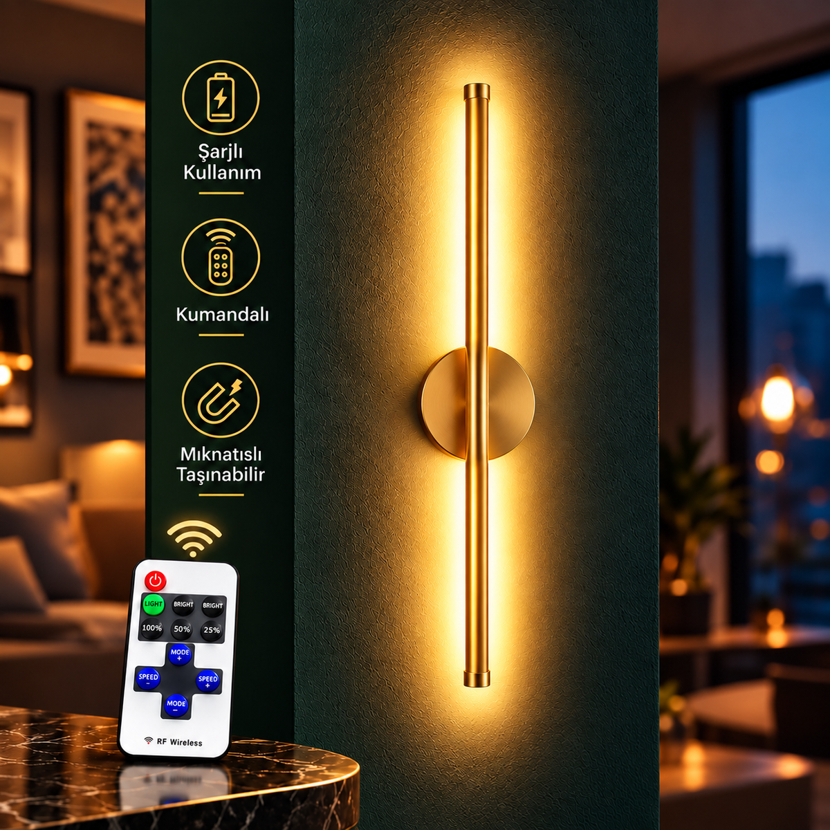 FENİX Şarjlı Modern LED Duvar Apliği Günışığı Taşınabilir Usb KUMANDALI