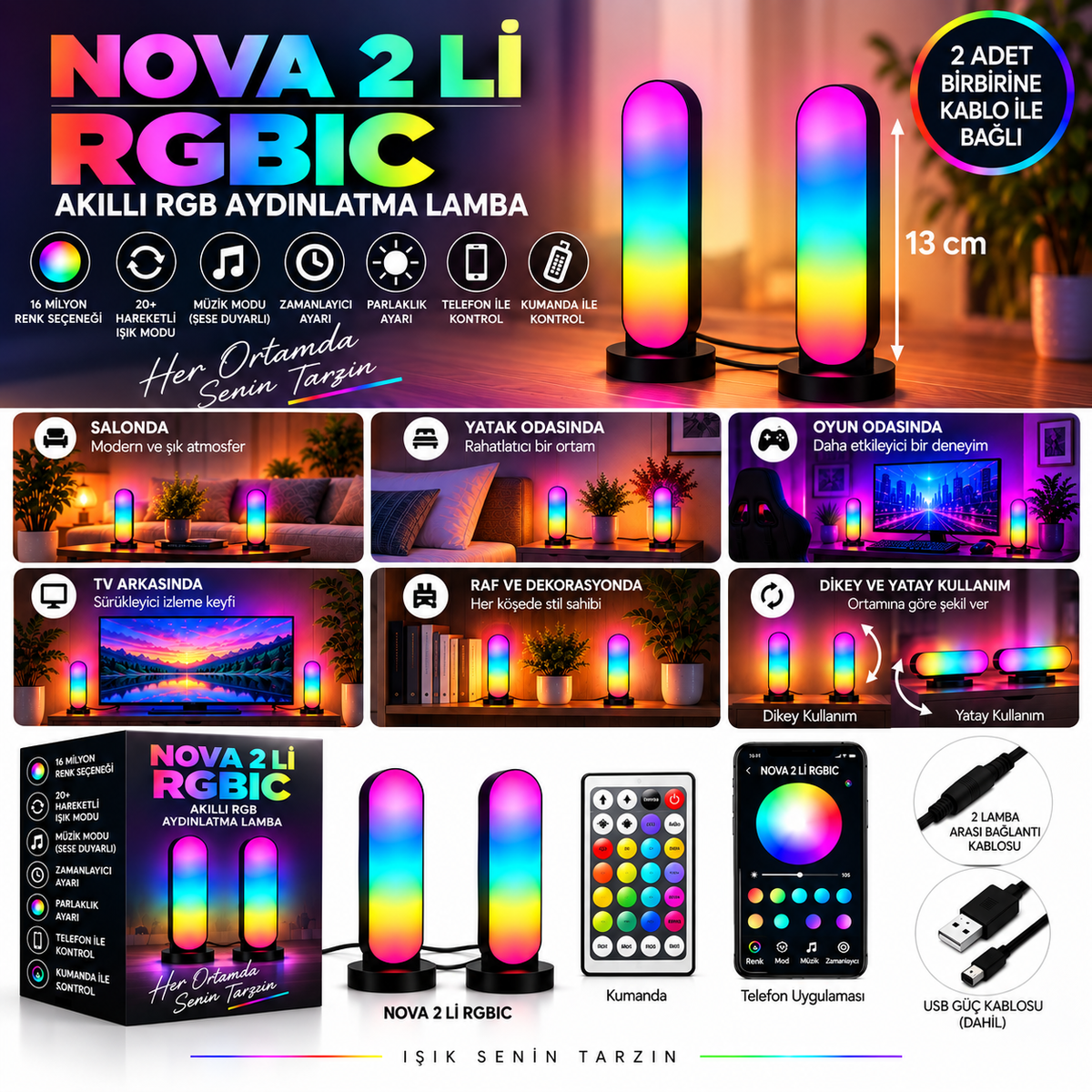 NOVA 2’li RGBIC Masaüstü LED Lamba – Telefon ve Kumanda Kontrollü, Yatay ve Dikey Kullanım