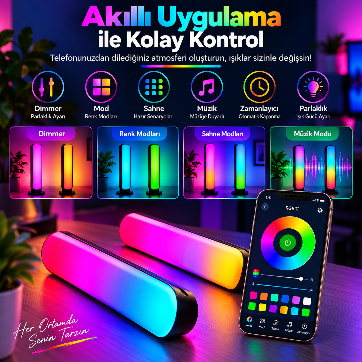 NOVA 2’li RGBIC Masaüstü LED Lamba – Telefon ve Kumanda Kontrollü, Yatay ve Dikey Kullanım
