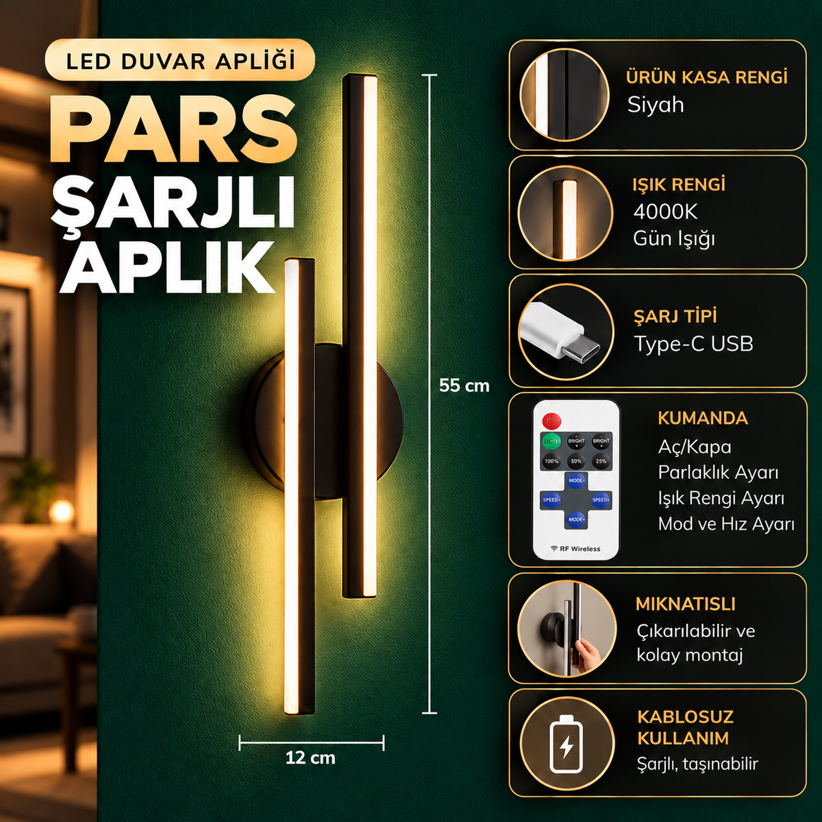 PARS Şarjlı Modern LED Duvar Apliği Günışığı Taşınabilir Usb KUMANDALI