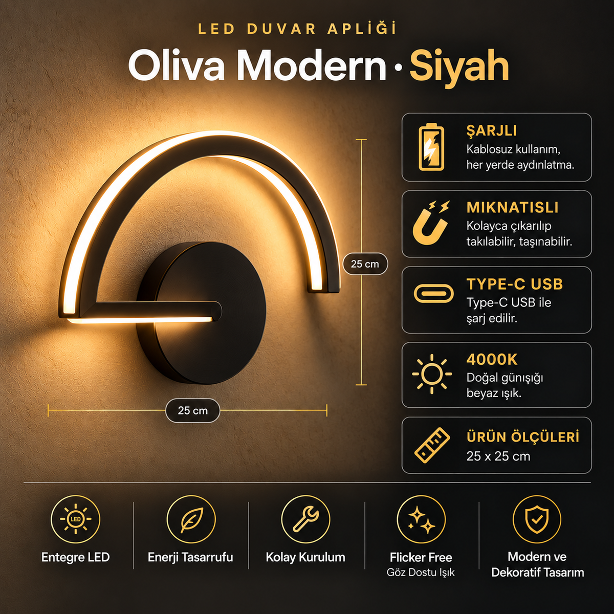 OLİVA Şarjlı Modern LED Duvar Apliği Günışığı Taşınabilir Usb