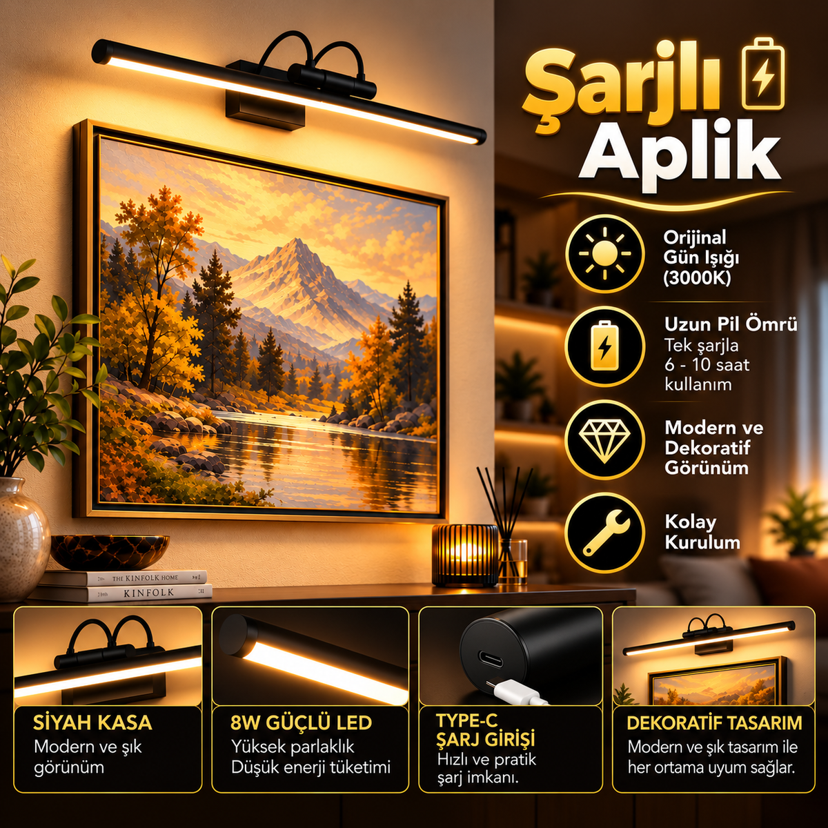 Flüt Aplik / 45CM / Şarjlı LED Aplik / Type-C USB Kablosuz Duvar Lambası 8W Gün Işığı 3000K