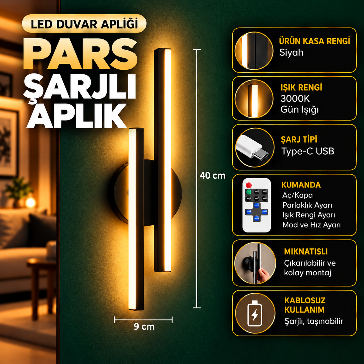 PARS Şarjlı Modern LED Duvar Apliği Günışığı Taşınabilir Usb KUMANDALI