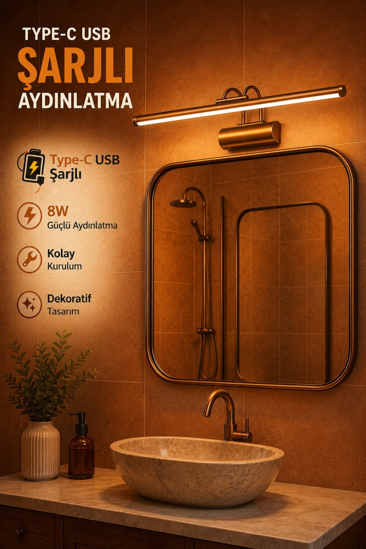 Flüt Aplik / 35CM / Şarjlı LED Aplik / Type-C USB Kablosuz Duvar Lambası 8W Gün Işığı 4000K