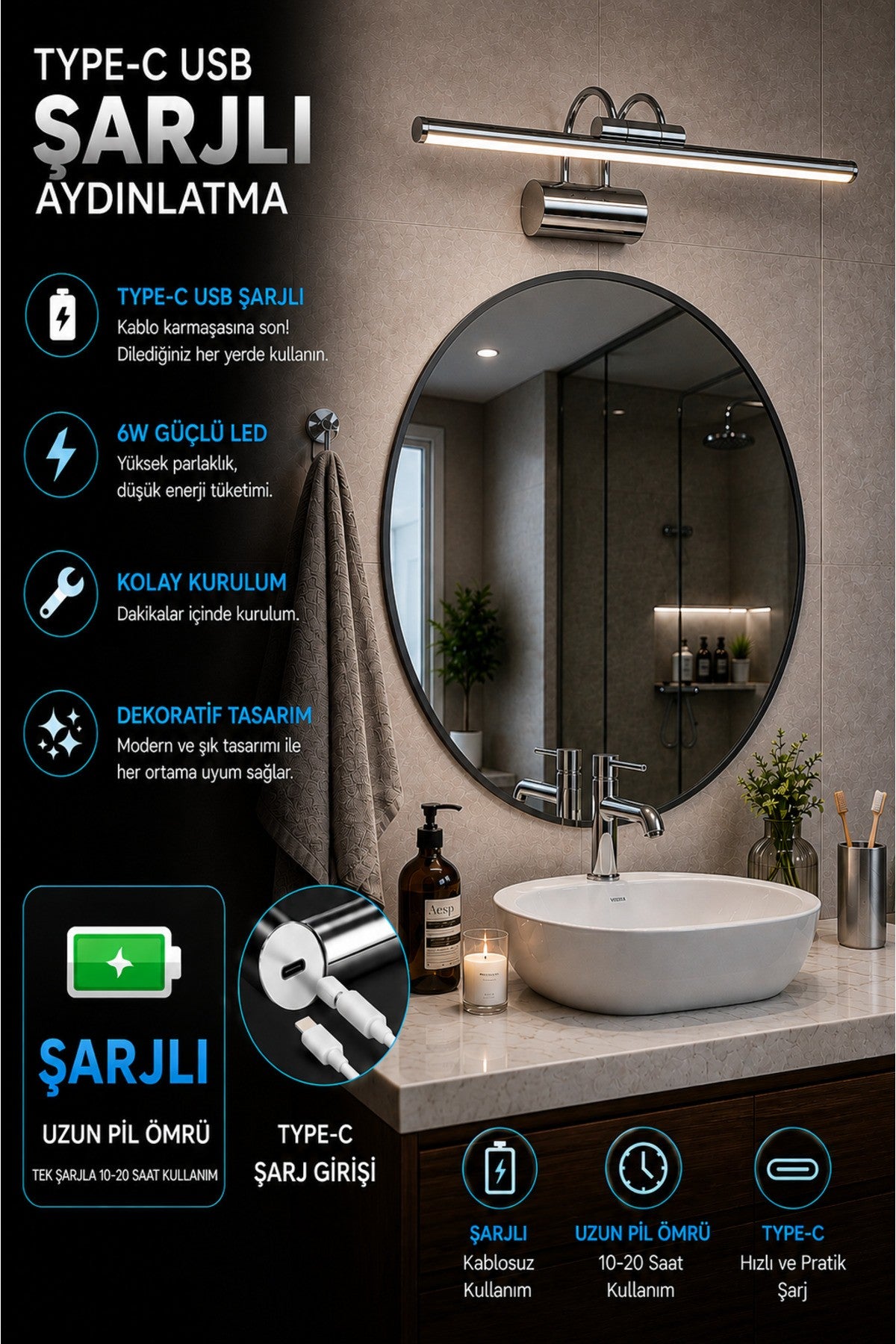 Flüt Aplik / 35CM / Şarjlı LED Aplik / Type-C USB Kablosuz Duvar Lambası 8W Gün Işığı 4000K