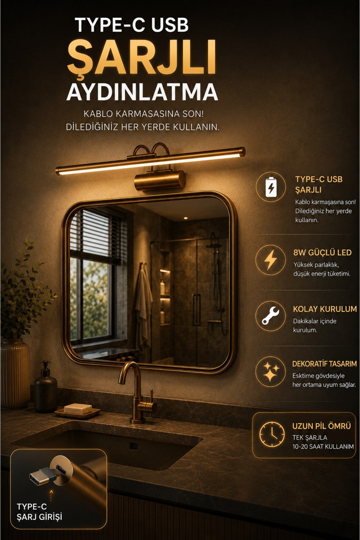 Flüt Aplik / 35CM / Şarjlı LED Aplik / Type-C USB Kablosuz Duvar Lambası 8W Gün Işığı 4000K