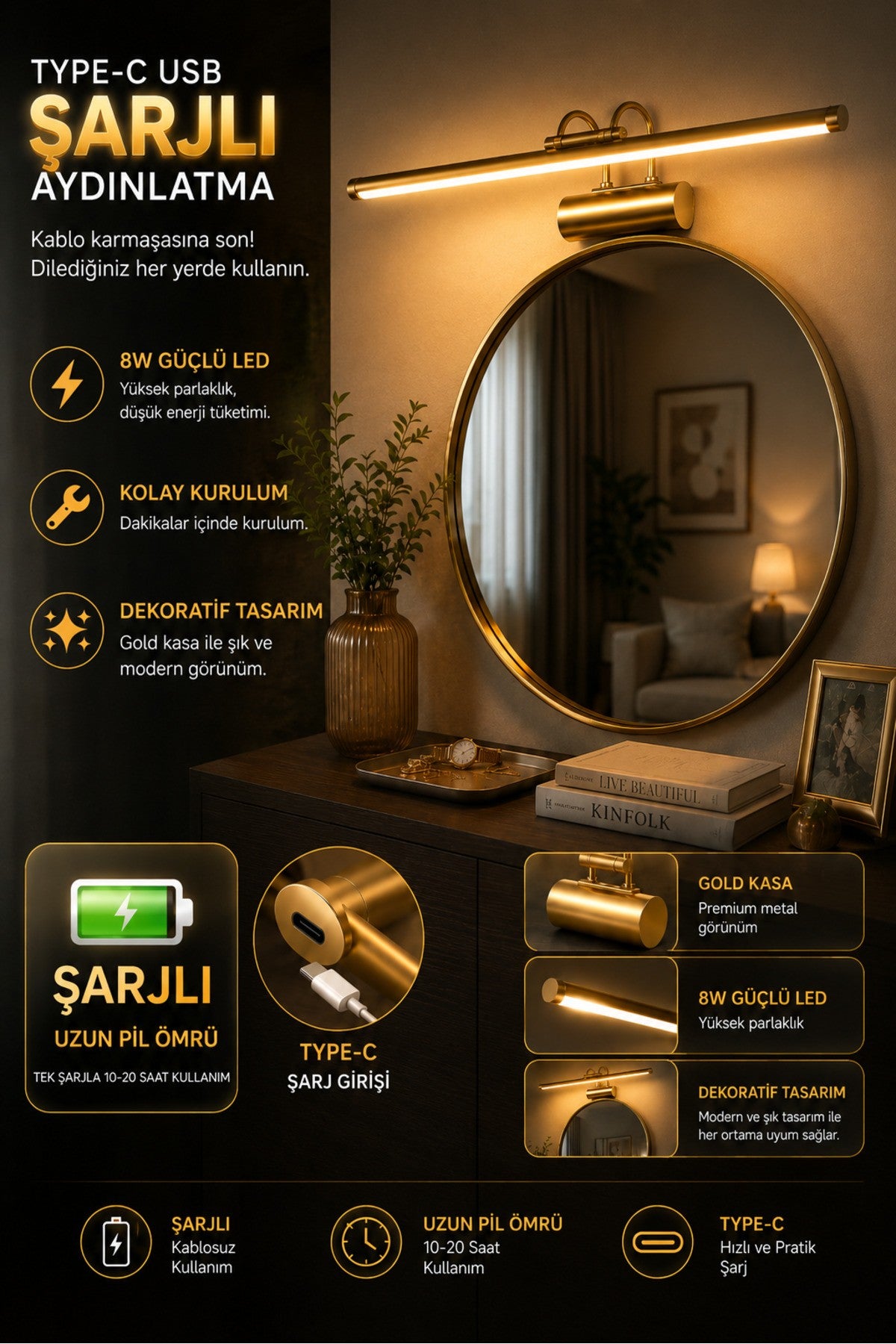 Flüt Aplik / 50CM / Şarjlı LED Aplik / Type-C USB Kablosuz Duvar Lambası 8W Gün Işığı 4000K