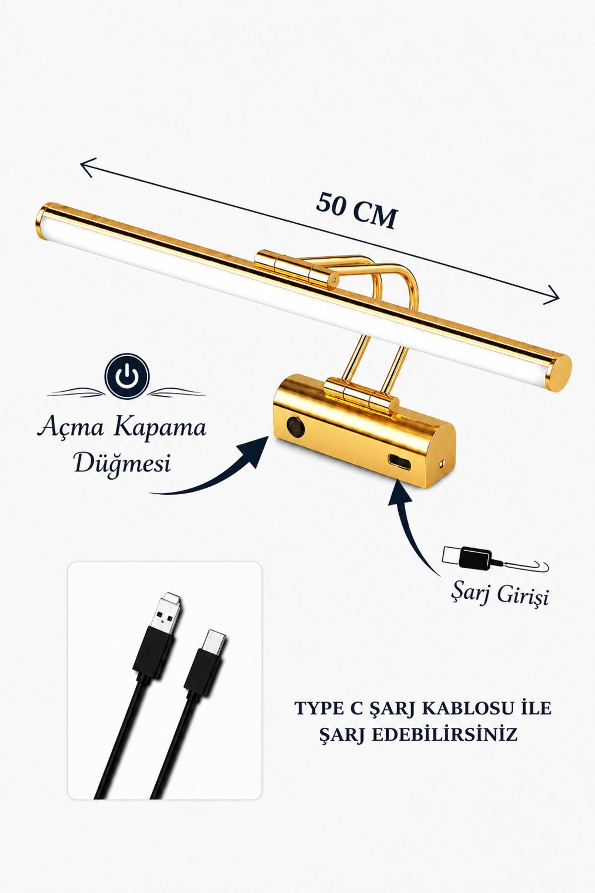 Flüt Aplik / 50CM / Şarjlı LED Aplik / Type-C USB Kablosuz Duvar Lambası 8W Gün Işığı 4000K